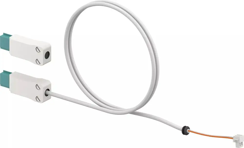 Weißes Anschlusskabel mit zwei Enden für ein Raumthermostat. Die Marke Uponor ist zu sehen. Das Kabel hat einen runden Stecker und eine integrierte Verbindung.